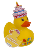 Patito de goma amarillo Happy Birthday con tarta de cumpleaños, vista frontal