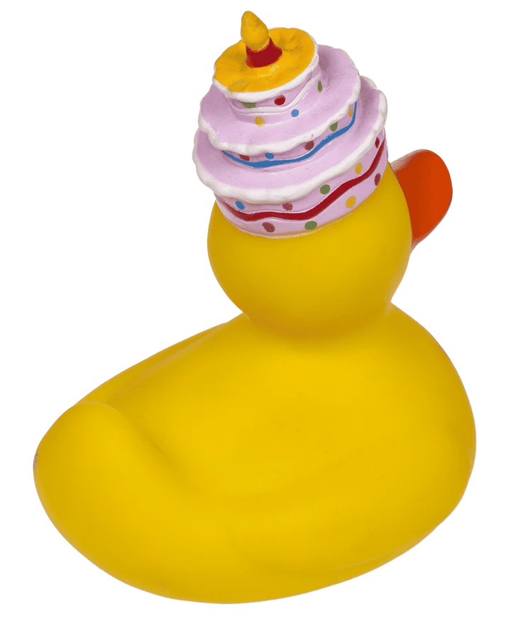 Patito de goma Happy Birthday con etiqueta y detalles de la tarta