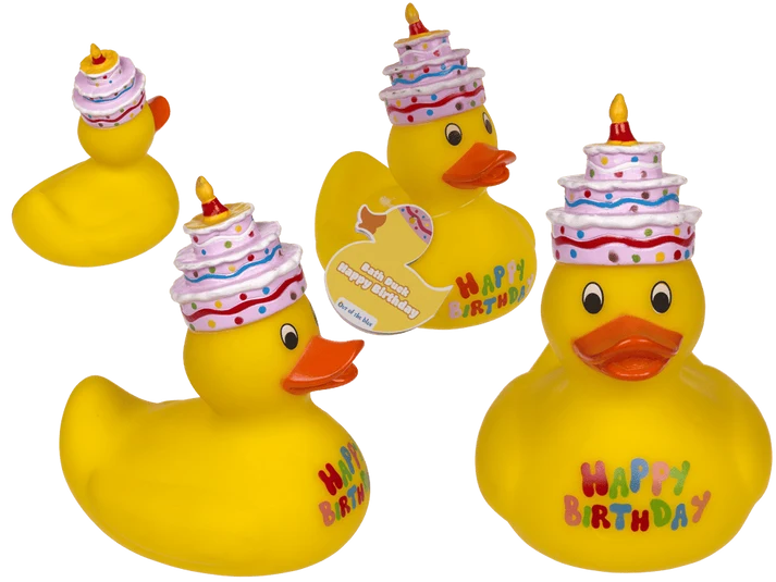 Patito de goma de cumpleaños amarillo, distintas vistas