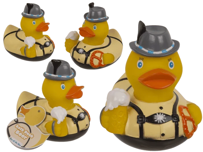 Pato de baño cerveza amarillo con sombrero bávaro, jarra de cerveza y pretzel