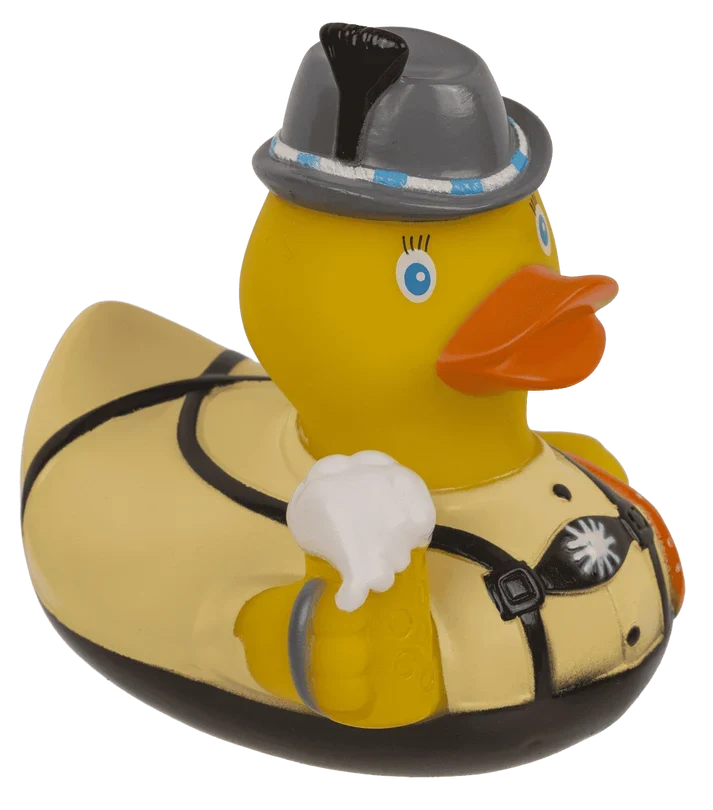 Pato de baño cerveza con etiqueta original y jarra de cerveza