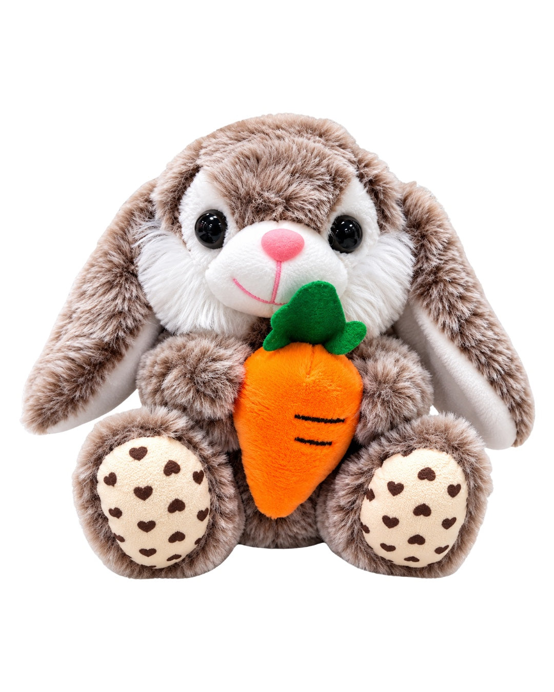 Peluche conejito marrón de 20 cm con zanahoria naranja y patitas decoradas con corazones