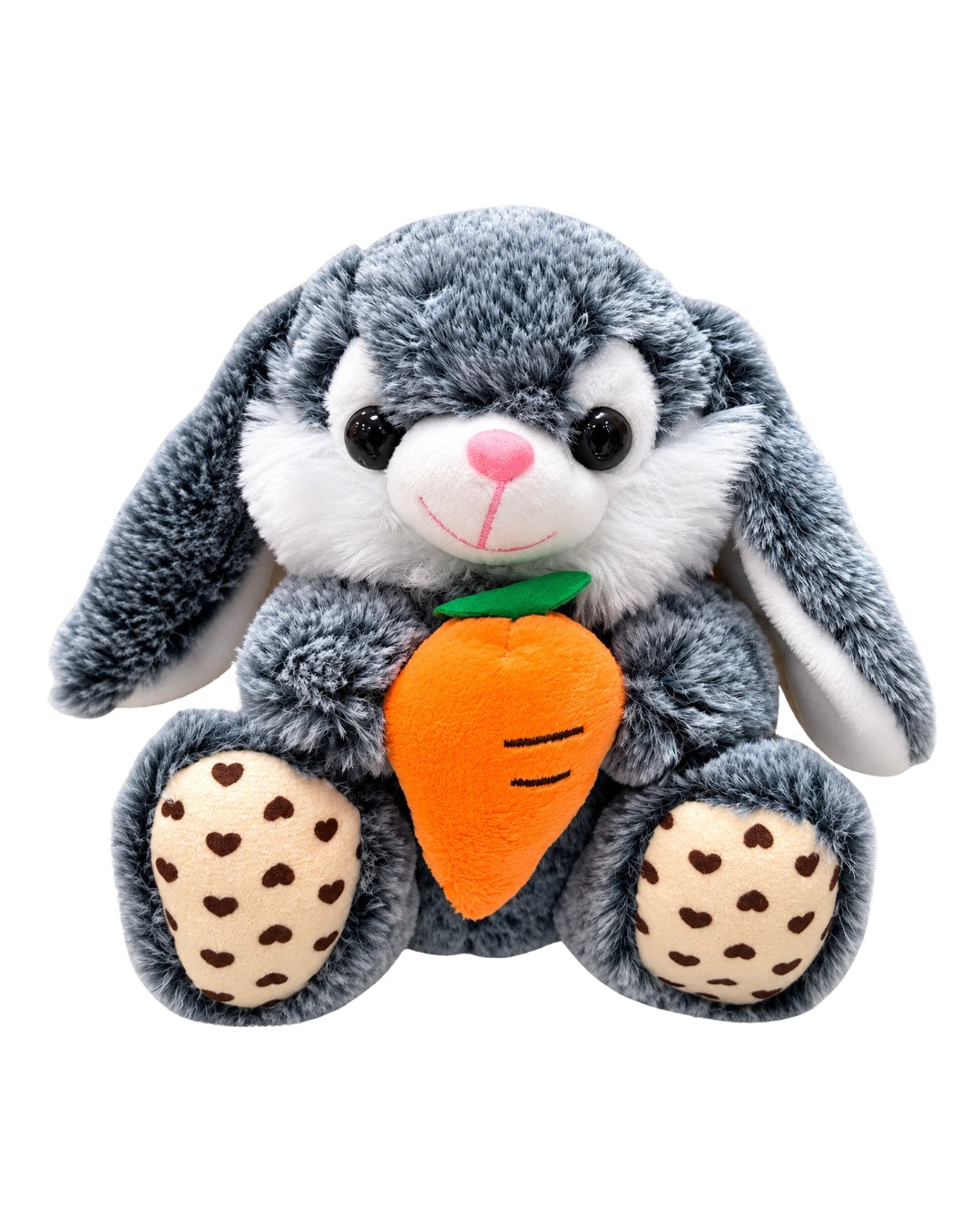 Peluche conejito gris de 20 cm con zanahoria naranja y patas con corazones