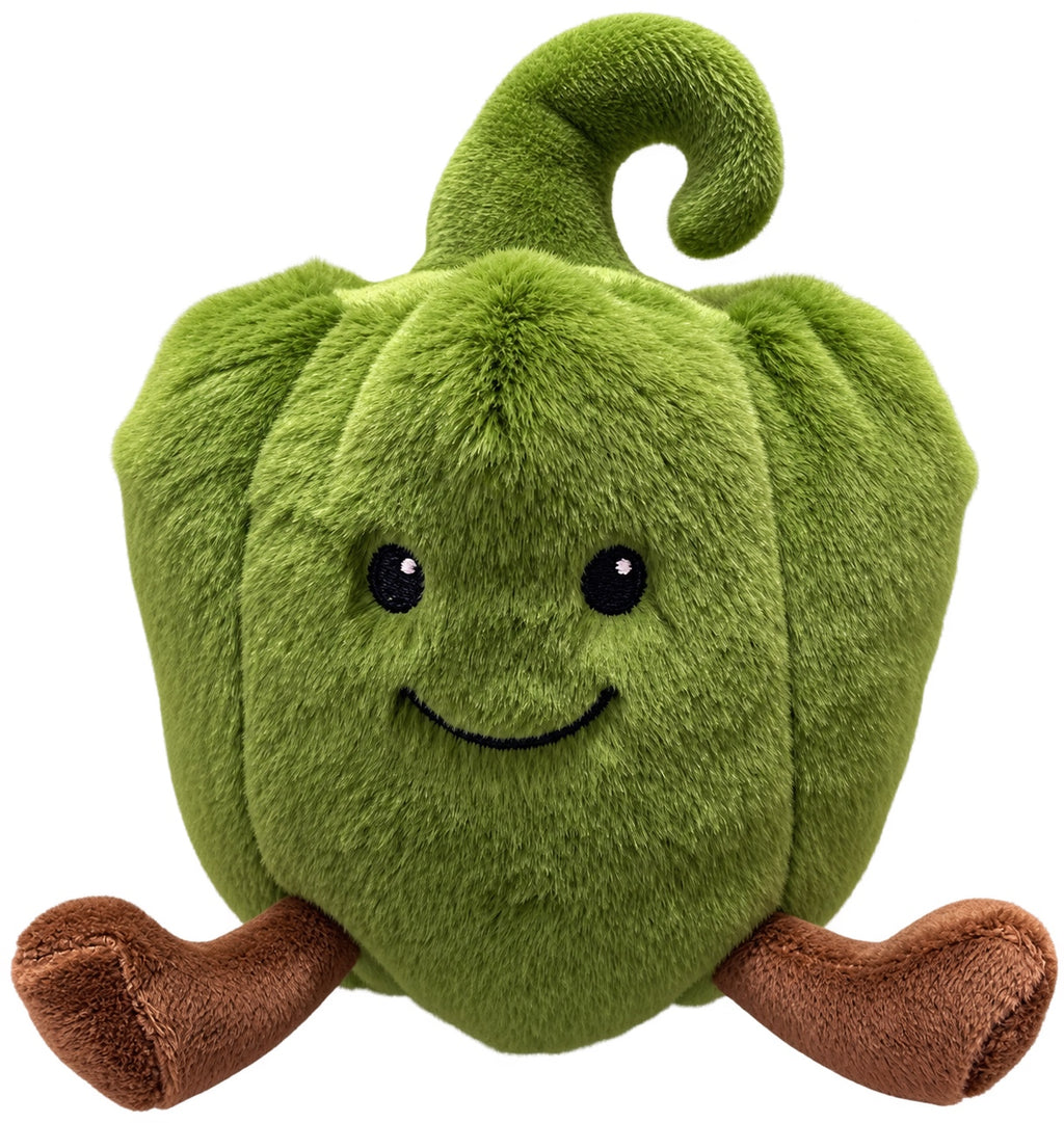 Peluche pimiento verde sonriente de 15 cm con tacto suave, vista frontal
