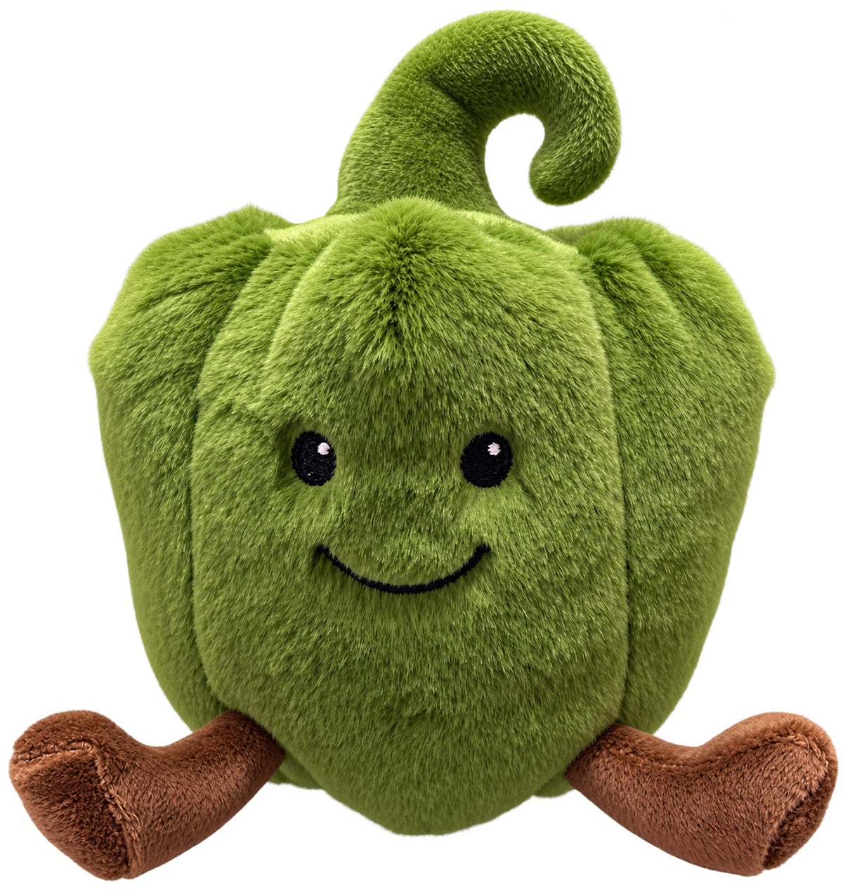Peluche pimiento verde sonriente de 15 cm con tacto suave, vista frontal