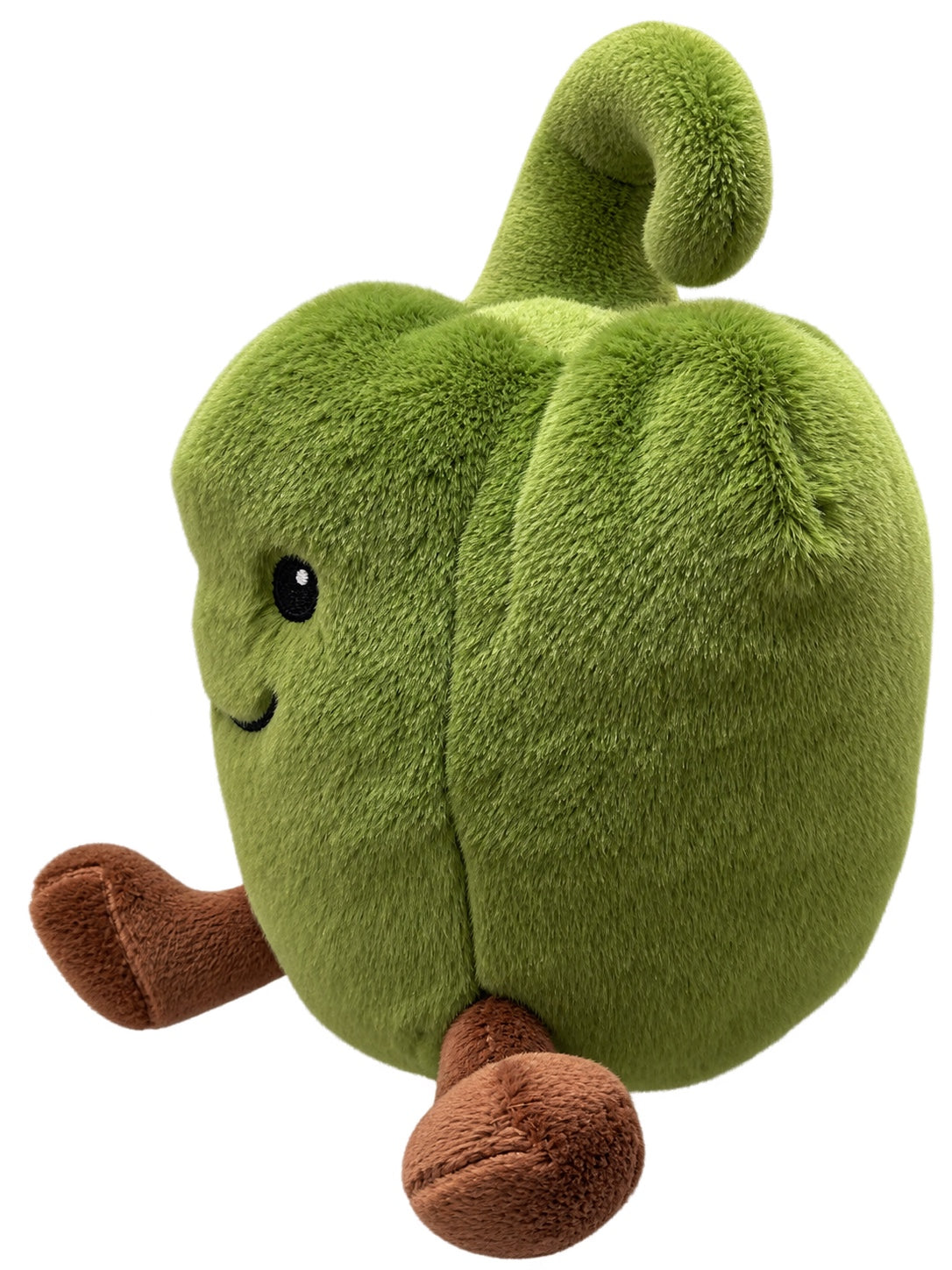 Peluche de pimiento verde 15 cm de perfil con tallo curvado y patas marrones