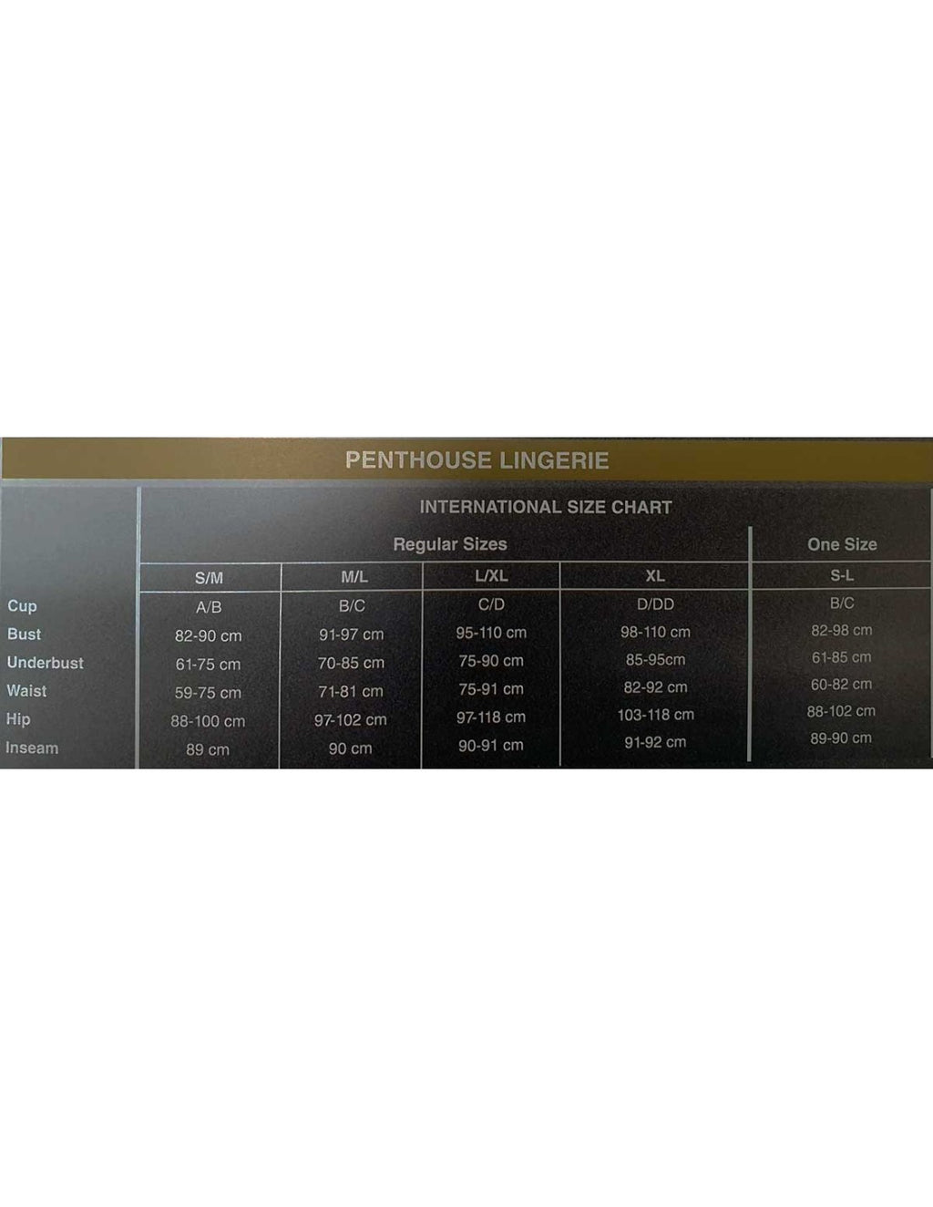 Guía de tallas Penthouse Lingerie para medias con liguero