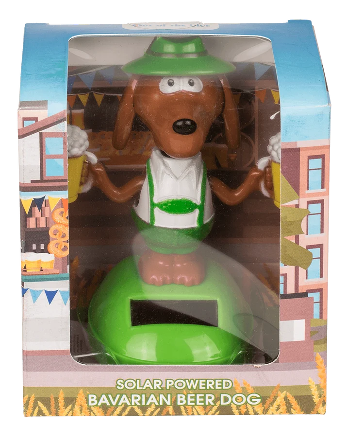 Figura de perro cervecero bávaro de movimiento solar presentada en caja de regalo