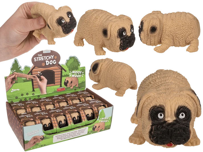 Perro elástico de 9 cm estirado entre las manos