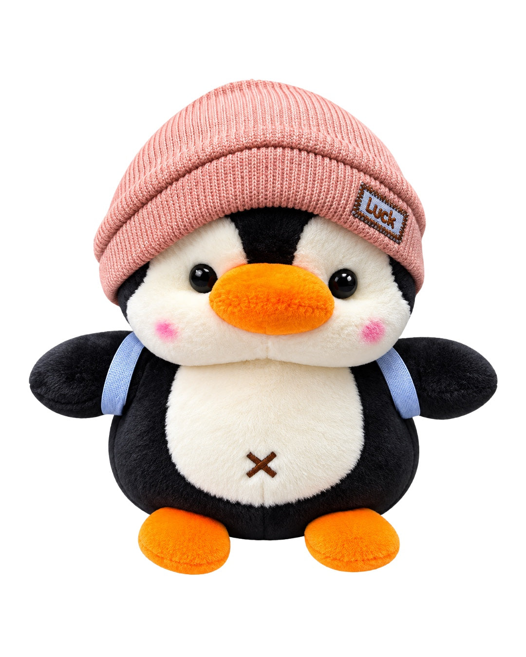 Pingüino de peluche con gorro rosa