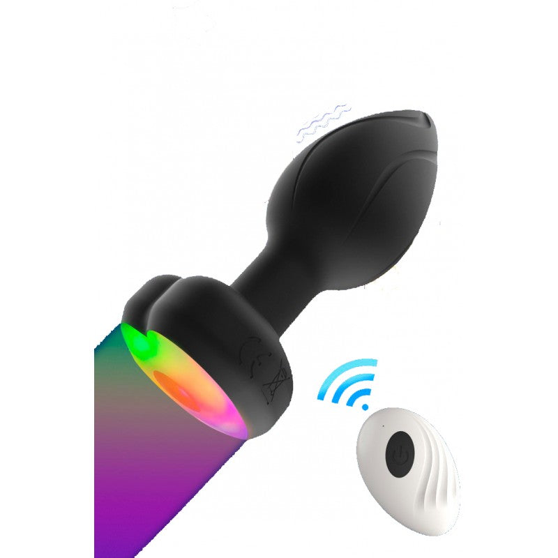 Plug Vibrador con Luz de Silicona Negra Control Remoto Recargable 10 modos