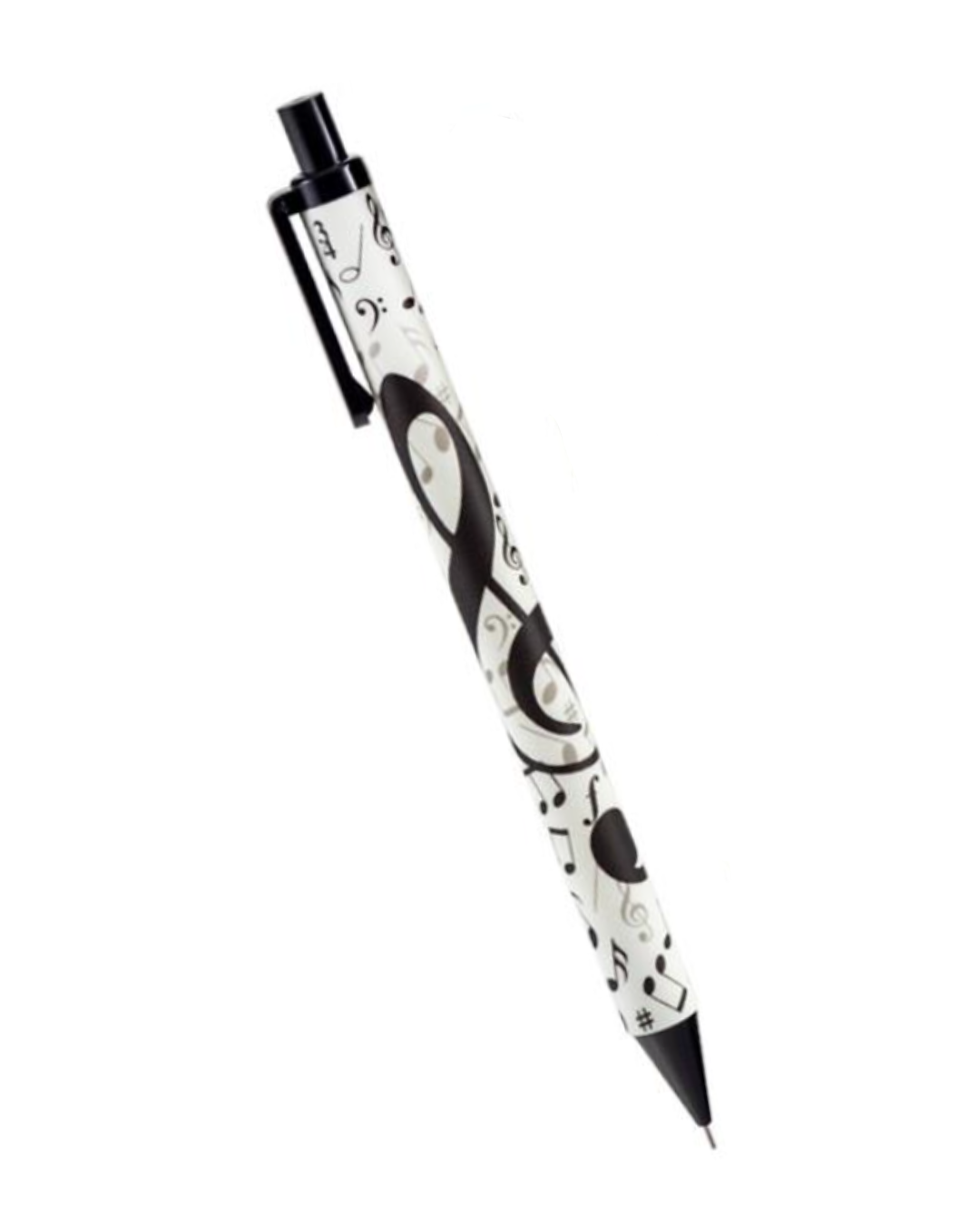 Portaminas blanco con notas musicales negras, clave de sol y clip negro, longitud 14 cm