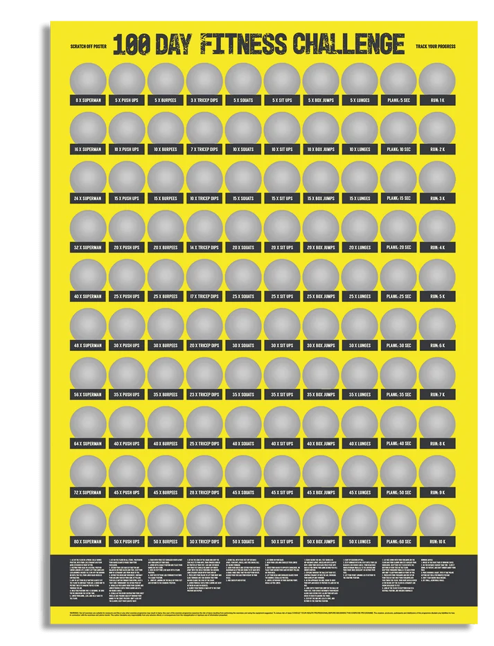 Póster rascable Fitness Challenge de 100 días, amarillo y negro, 42 por 60 cm