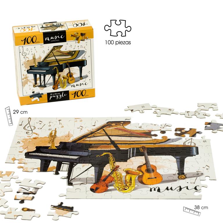 Puzzle de 100 piezas con piano de cola, guitarra, violín, saxofón y trompeta; imagen montada de 38 × 29 cm