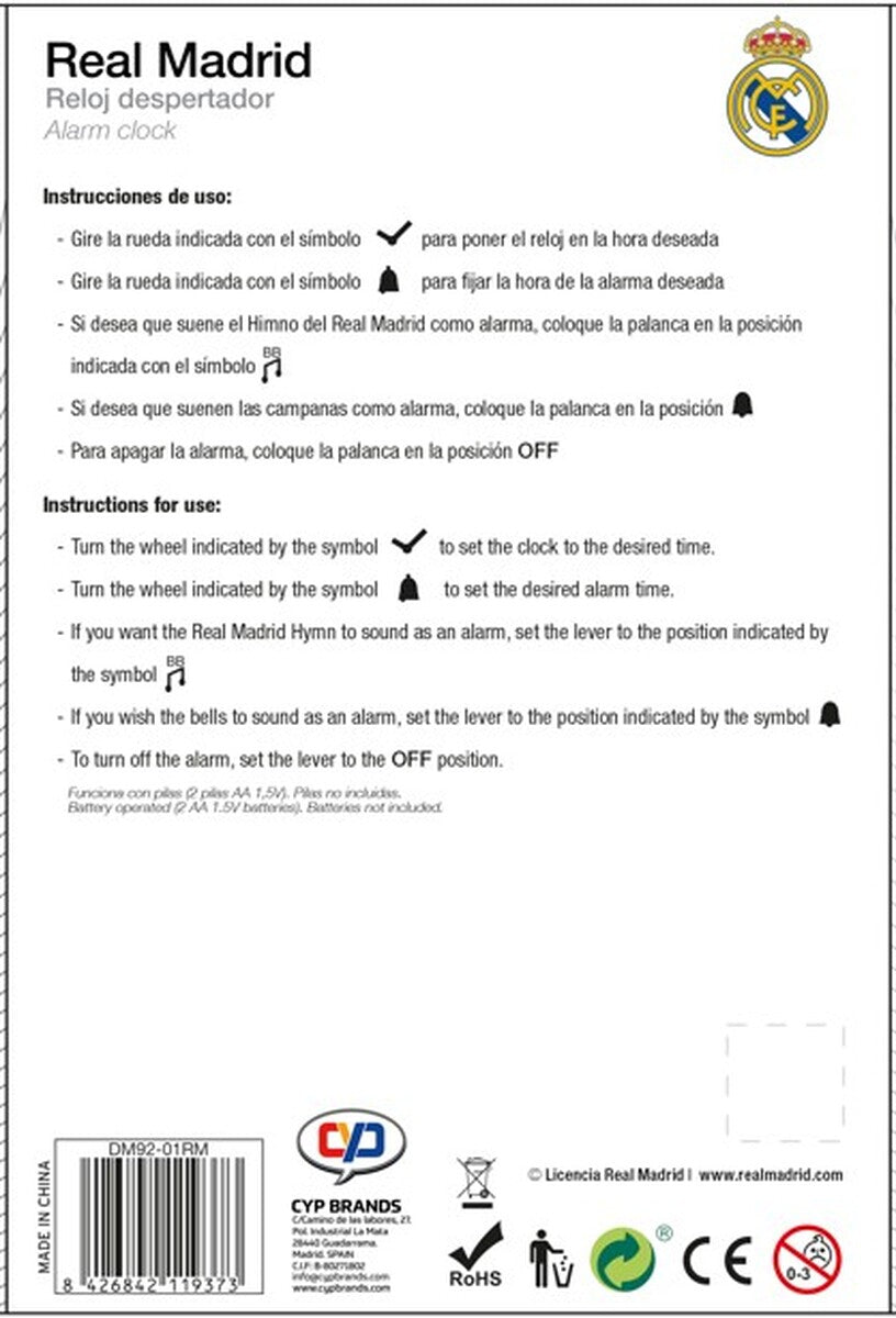 Instrucciones reloj despertador musical Real Madrid con himno
