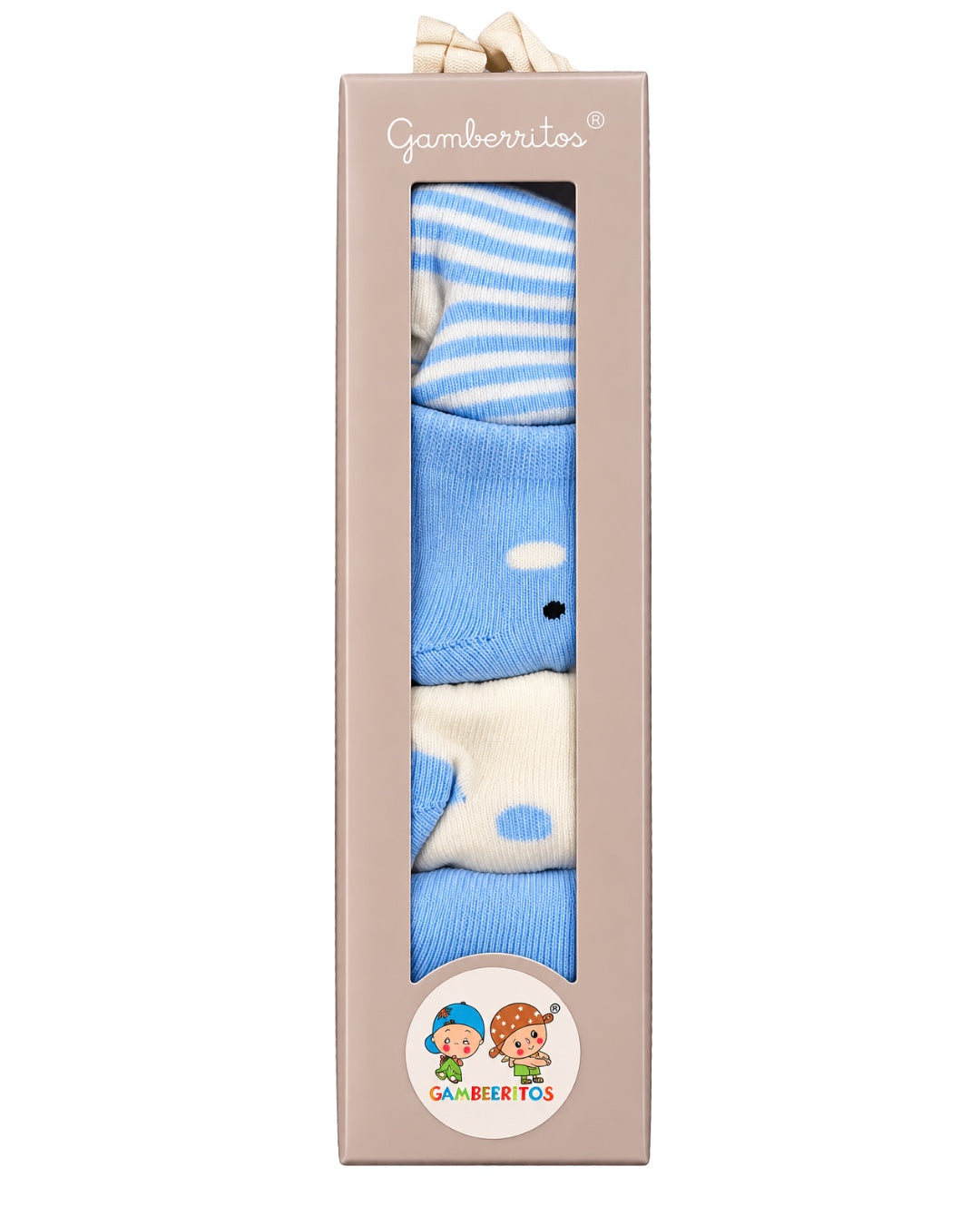 Caja regalo Gamberritos con cuatro pares de calcetines para recién nacido en tonos azul y blanco