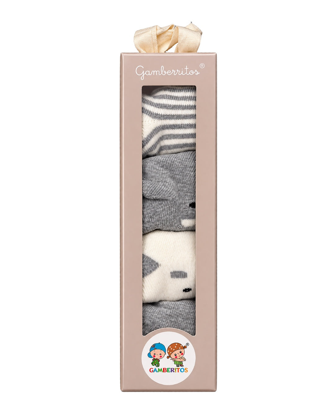 Set de cuatro pares de calcetines para recién nacido Gamberritos en tonos gris y blanco presentado en caja regalo