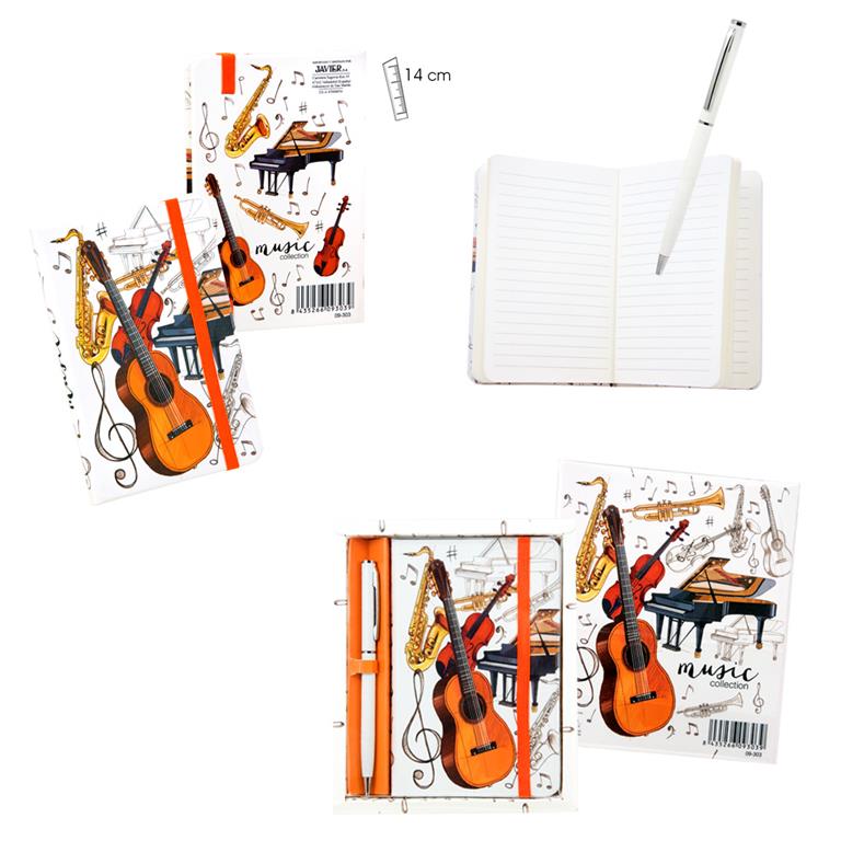 Set de bloc de notas musical con ilustraciones de guitarra, piano, violín y saxofón, bolígrafo blanco y cierre elástico naranja