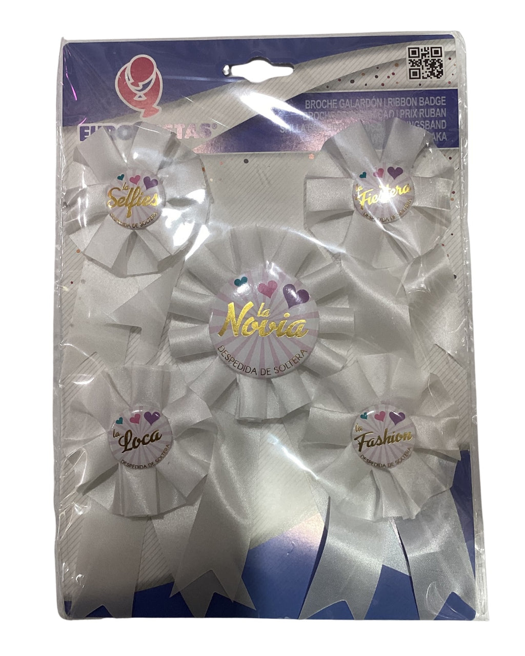 Set de cinco broches de despedida de soltera color blanco, con distintivos para la novia y las amigas