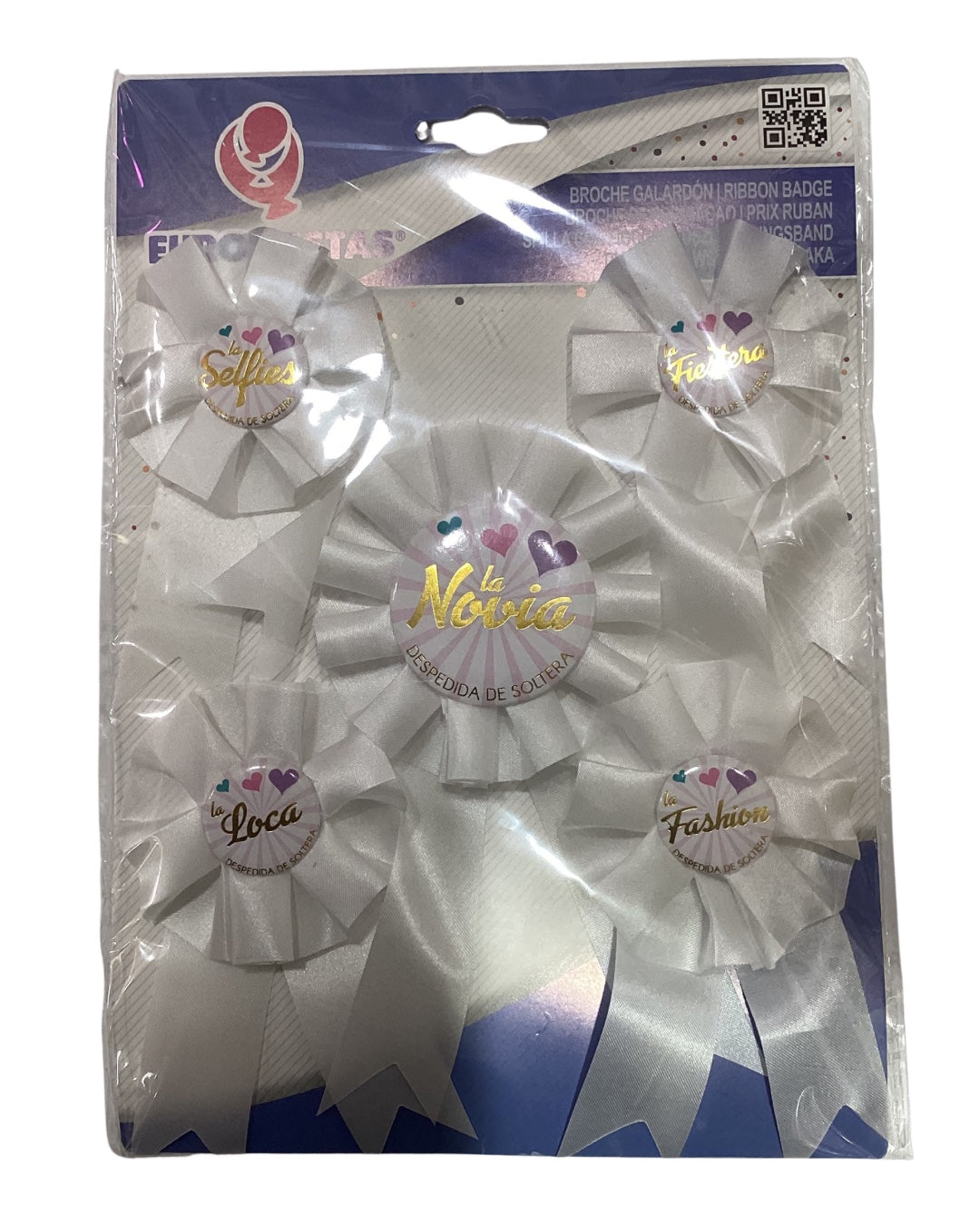 Set de cinco broches de despedida de soltera color blanco, con distintivos para la novia y las amigas