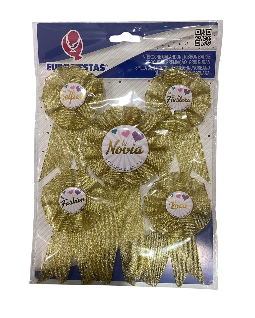 Set de cinco broches de despedida de soltera color dorado, con distintivos para la novia y las amigas