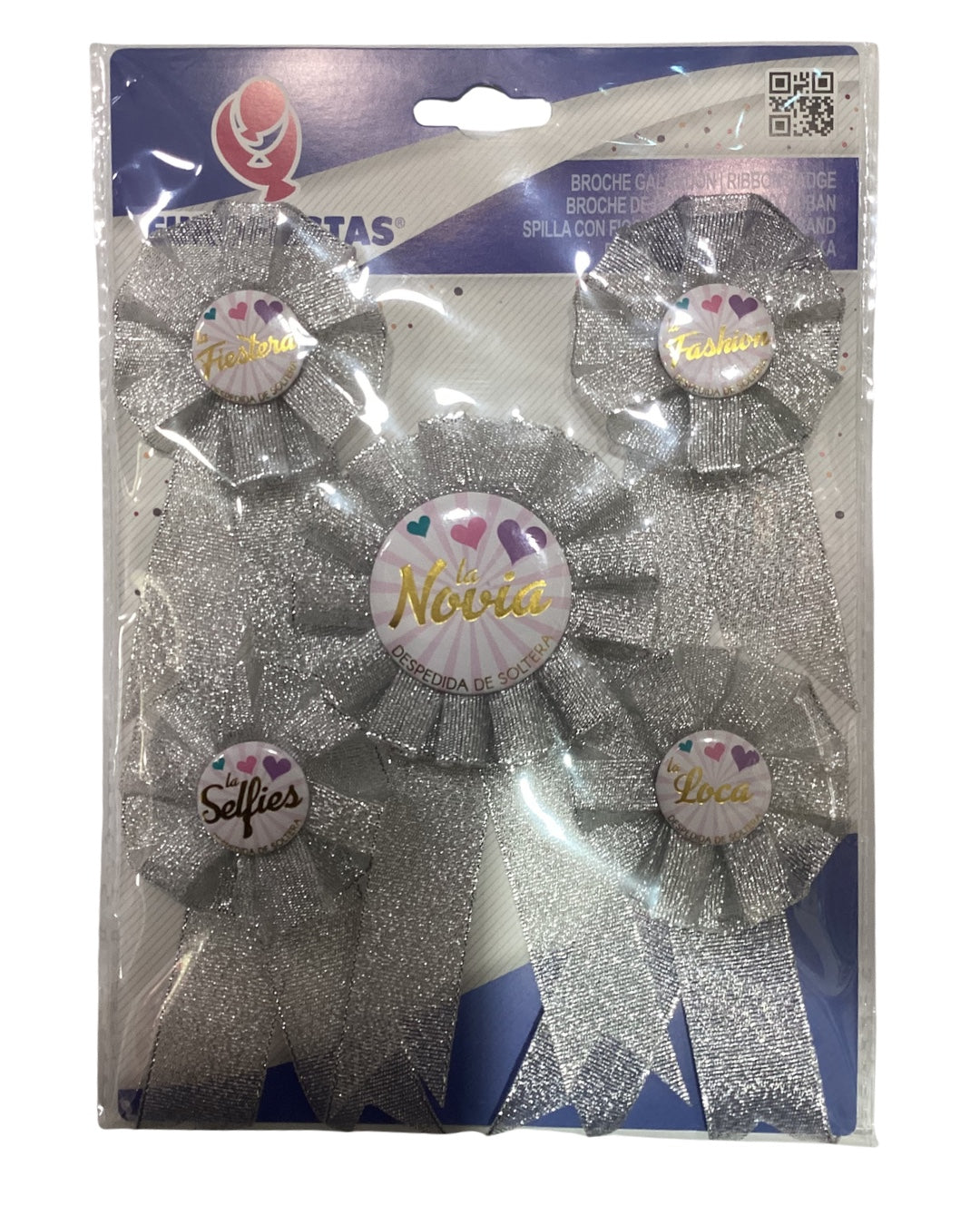 Set de cinco broches de despedida de soltera color plateado, con distintivos para la novia y las amigas