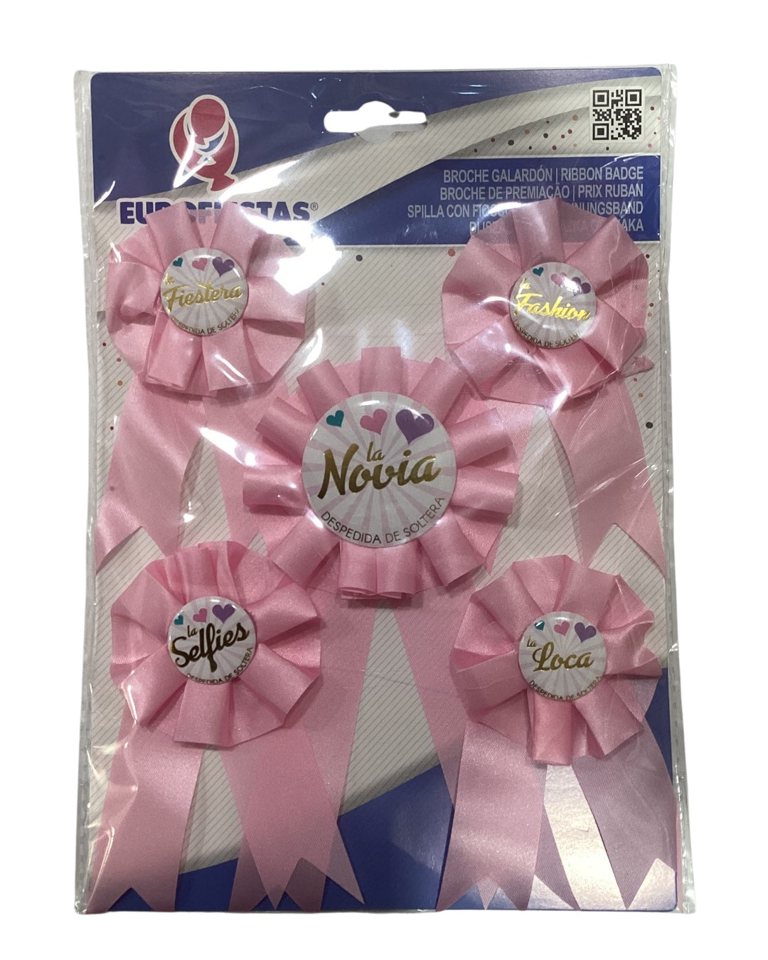 Set de cinco broches de despedida de soltera color rosa, con distintivos para la novia y las amigas