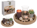 Set decorativo con bandeja redonda de madera, velas, portavelas y piedras