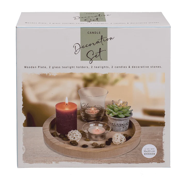 Caja de regalo del conjunto decorativo Home con velas y bandeja de madera
