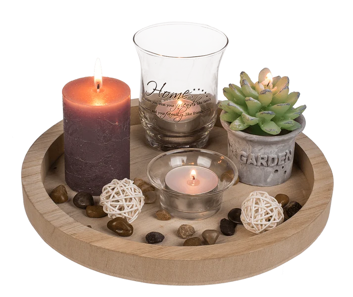 Set decorativo Home con velas, portavelas y bandeja redonda, vistas y embalaje