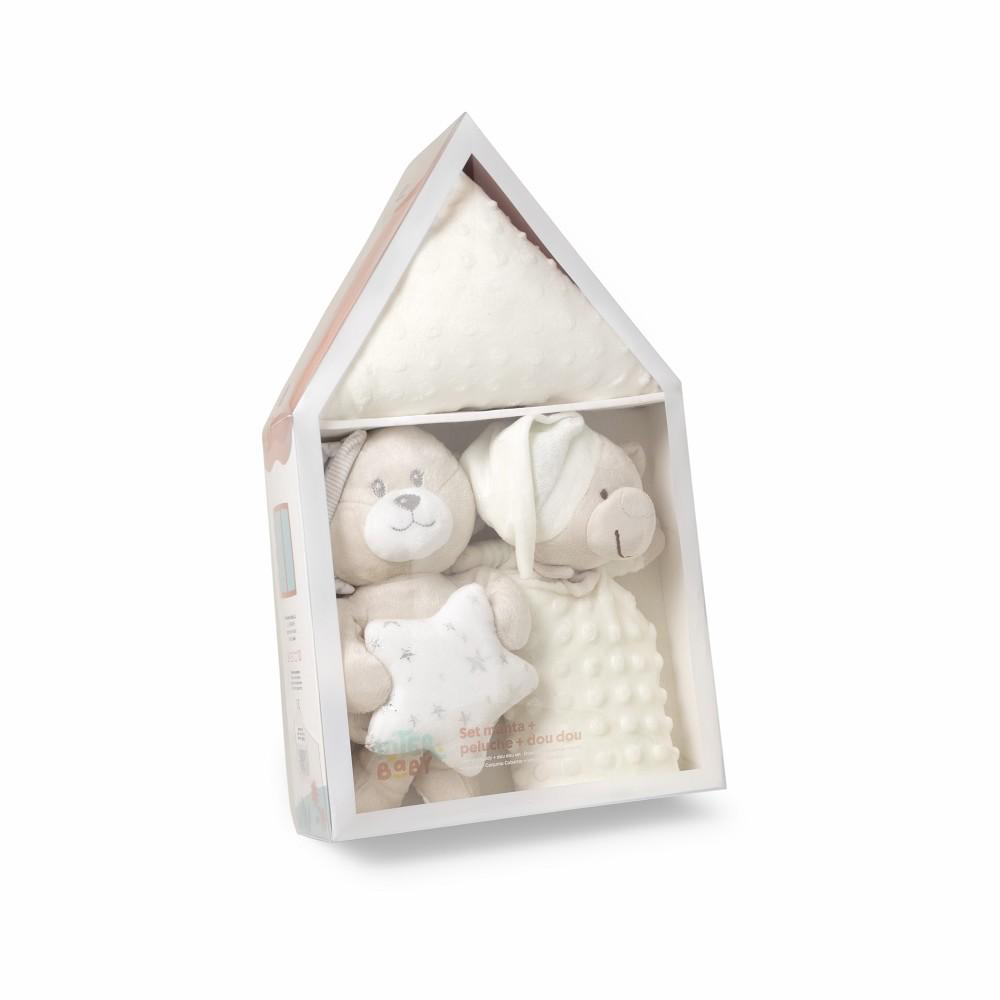 Set regalo Interbaby beige con manta, peluche osito y doudou en caja con forma de casita