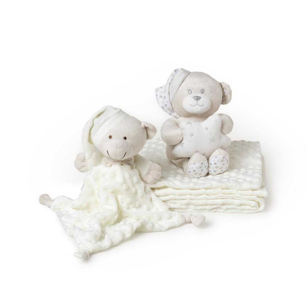 Set Interbaby beige con manta de topitos, peluche osito con estrella y doudou