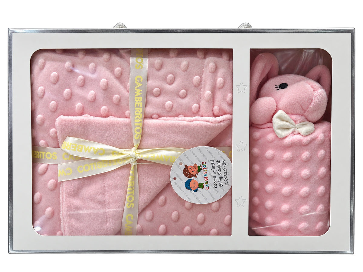Set regalo Camberritos de mantita rosa 80 x 110 cm con topitos y doudou rosa, dentro de su caja original