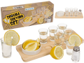 Set para servir tequila presentado con limones y seis chupitos