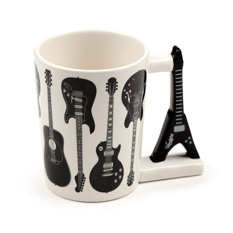 Taza de cerámica blanca con guitarras negras y asa en forma de guitarra eléctrica Headstock