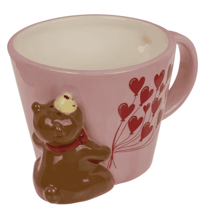 Taza rosa de 300 ml con oso en relieve y globos de corazones - fotografía 1