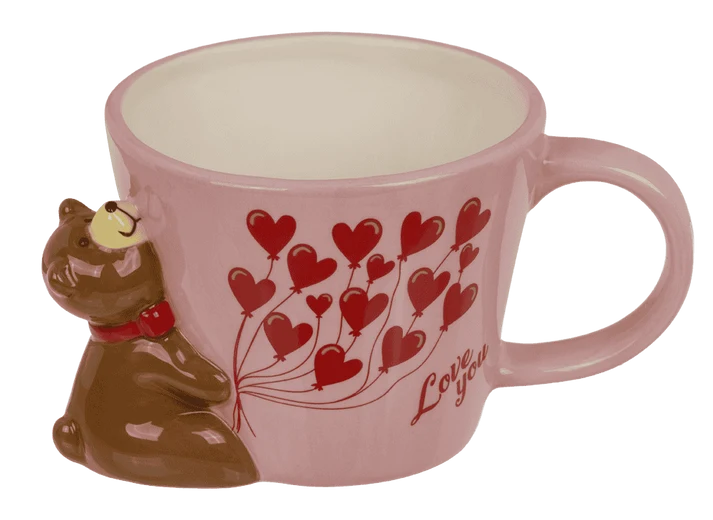 Taza rosa de 300 ml con oso en relieve y globos de corazones - fotografía 2