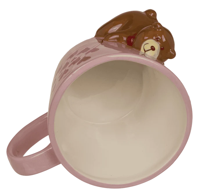 Taza rosa de 300 ml con oso en relieve y globos de corazones - fotografía 3