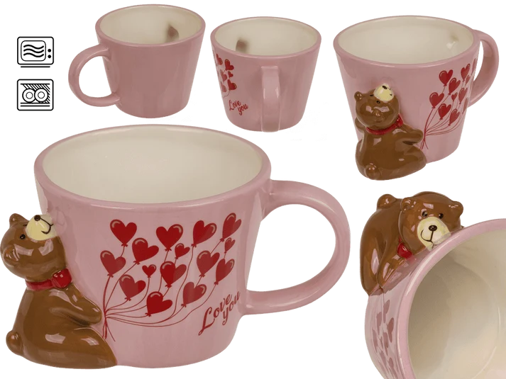 Taza rosa de 300 ml con oso en relieve y globos de corazones - fotografía 7