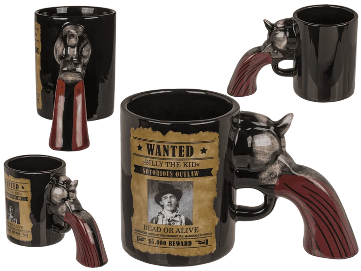 Taza Wanted Billy the Kid con asa revólver vista desde varios ángulos