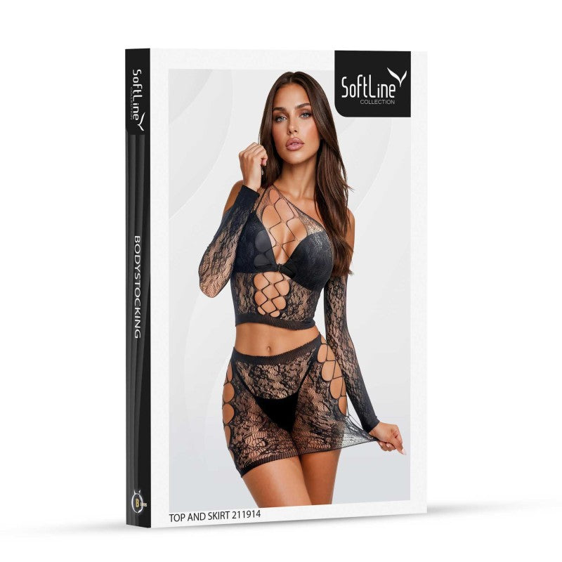 Conjunto Top y Falda de Encaje Negro SoftLine Talla S-L